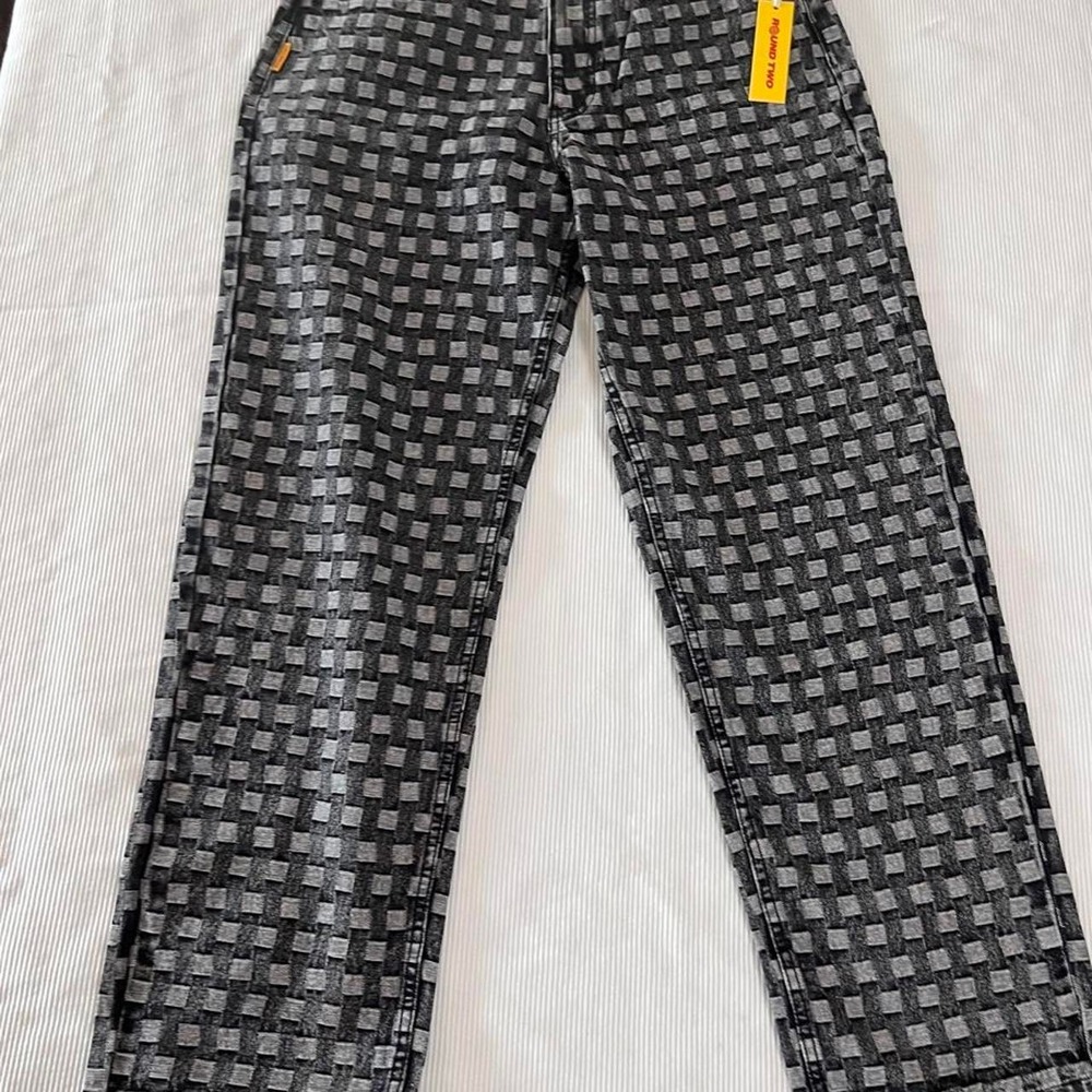 Round Two Basket Weave Checkerboard Denim Jeans Black Grey Mens 30 NEW